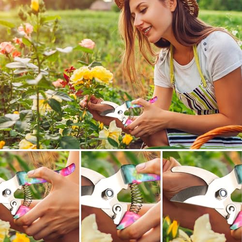 Garden Tools Set, JUMPHIGH 10 Pieces Gardening Tools with Floral Print, Ergonomic Handle Trowel Rake Weeder Pruner Shears Sprayer, Garden Hand Tools with Carrying Case Gardening Gifts for Women Father - color: Purple
