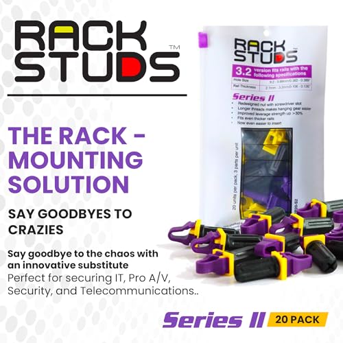 Rackstuds P20 Series II - Server Rack Screws 20-Pack | Cage Nut Replacement Purple 3.2mm/0.126" | A Faster, Easier Solution for Rack mounting Gear in 19" Racks with Square Punched Vertical Rails - color: Purple, size: 20 Pack
