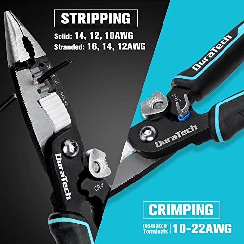 DURATECH 5-in-1 Wire Stripper, 8" Wire Stripper and Crimping Tool, Premium CR-V Construction, Needle Nose Plier, Multifunctional Electrician Pliers for Crimping, Cutting, Stripping, Shearing, Clamping