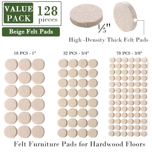 Fursafe&Q Felt Furniture Pads for Hardwood Floors - Self Adhesive Chair Felt Pad, Furniture Feet Floor Protectors, Protect from Nicks, Dents and Scratches, Cabinet Door Bumper128 Pcs Chair Feet - size: 128 Pcs Beige Felt Pads