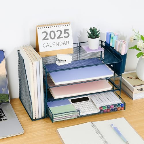OPNICE Desk Organizer, 4-Tier Desktop File Organizer with Drawer and Pen Holders, Office Desk Accessories, File Sorters, Workspace Organizers for Office Supplies(Dark Blue) - color: Dark Blue, size: 4T