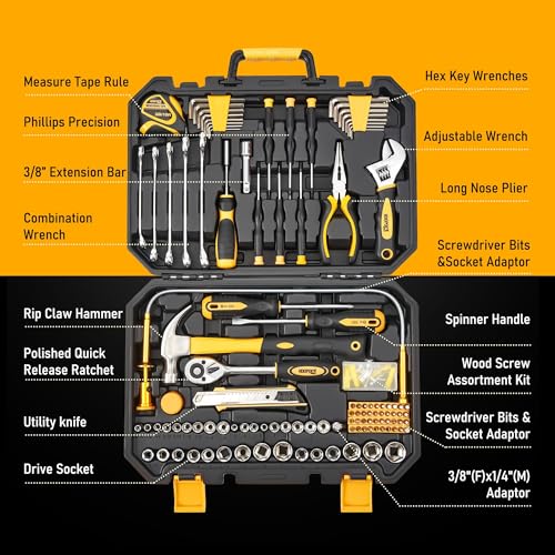 Home Tool Kit with Breaker Bar & Extension Bar Set - General Household Repair Hand Tools (Hammer, Pliers, Wrench) Includes Socket Adapters & Heavy Duty Leverage Bars for DIY Auto Repair & Maintenance