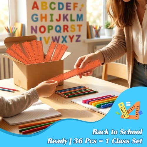 36 Pcs 12" Clear Orange Plastic Rulers, Back to School Measuring Supplies - color: Orange