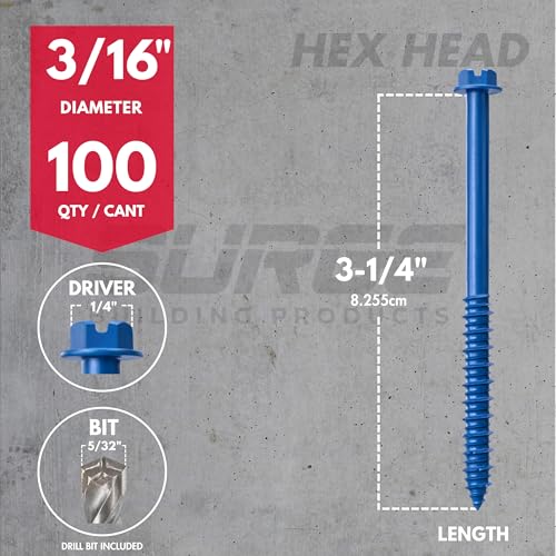 3/16" x 3-1/4" Hex Head Blue Concrete Screws with Drill Bit (Box of 100) - size: 3/16" x 3-1/4"