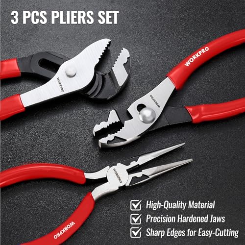 WORKPRO Pliers Set, 3-Piece Plier Tool Set with Soft Handle - color: Red
