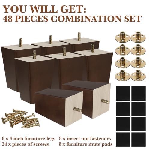 Hoteam 8 Pcs 4 Inch Square Wood Furniture Legs Couch Sofa Feet, Brown - size: 4 Inch