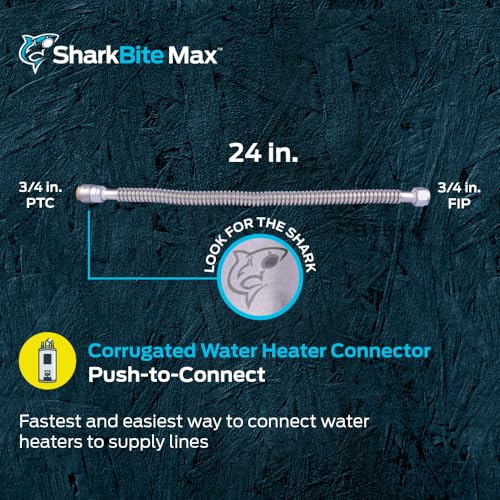 SharkBite Max 24 in Corrugated Flexible Water Heater Connector, 3/4 Inch Push-to-Connect x 3/4 Inch FIP, Brass Plumbing Fitting, Stainless Steel, URSS3088FX24 - size: 24 in. L x 3/4 in. PTC x 3/4 in. FIP