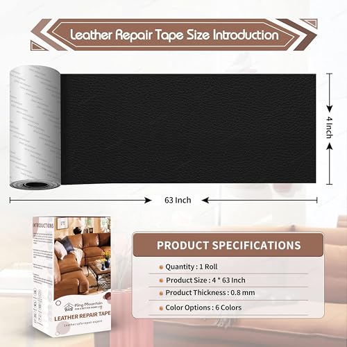 KING MOUNTAIN Leather Repair Patch,4 x 63 Inches self Adhesive Leather Repair Tape for Damaged Leather Furniture, Sofa Seating,Car Seats, Leather Goods(Black) - color: Black, size: 4" x 63"