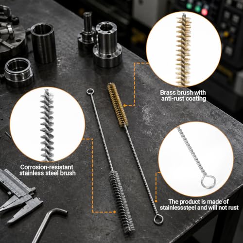 Tube Cleaning Brush,Brass Stainless Steel Engine Cleaning Brushes,12 inch Long Round Wire Pipe Cleaner for Deep Pipes (Yellow and Silver, 20 Pcs-5 Size) - color: Yellow and Silver, size: 20 Pcs-5 Size
