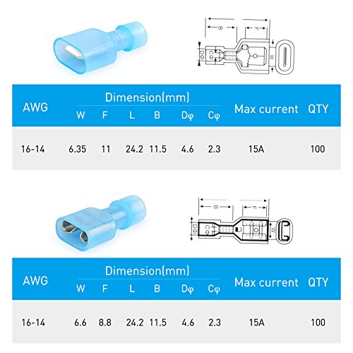 Nilight 200PCS Male Female Fully Insulated Wire Crimp Terminal Nylon Quick Connectors Wiring Spade 16-14 Gauge, 2 Years Warranty - color: 200PCS Spade Terminal