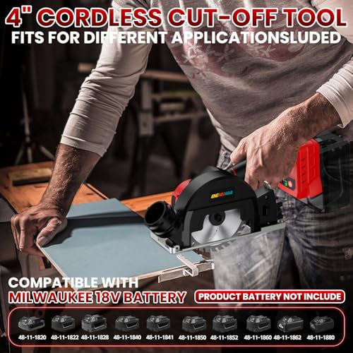 4" Brushless Cordless Cut-Off Tool Compatible with Milwaukee Battery, 500W mini Saw Up to 12000RPM with 6 Cut Off Wheel, 4" Blades & Base Plate for Metal, Wood, Tile and Plastic (No Battery)