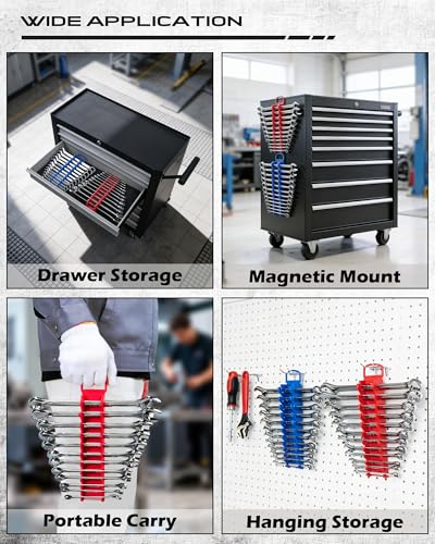 2-Pack Magnetic Wrench Organizer Set, 24-Slot Premium Wrench Rack Holder with Non-Slip Carry Handle for Tool Box Drawer Wall Storage, SAE (1/4'' to 15/16'') & Metric (6mm to 24mm) - style: 24-Slot Compact Handle / 2-Pack
