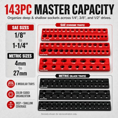 Socket Buddy Magnetic Socket Organizer Set, 6PCS Socket Holder,1/8" to 1-1/4" Sockets Holds 143 Pieces Magnetic Sockets Trays (Black&red)
