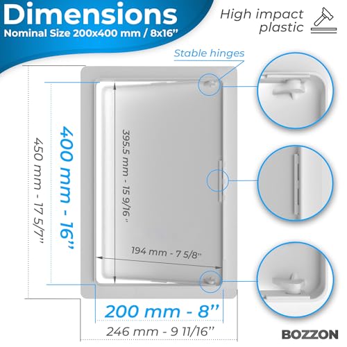 BOZZON Access Panel for Drywall - 8 x 16 in - Wall Hole Cover - Access Door - Plumbing Access Panel for Drywall - Heavy Durable Plastic White - size: 8 x 16