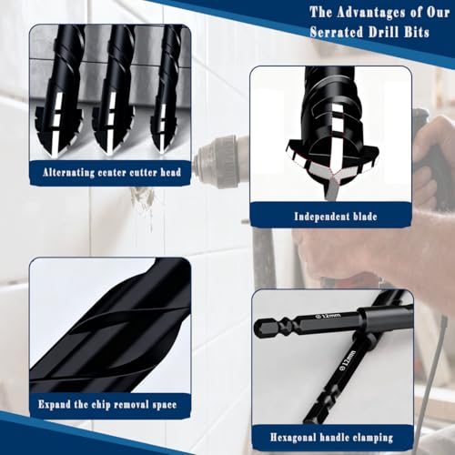 10pc Black Serrated Eccentric Masonry Drill Bit, Serrated Concrete Drill Bit Set for Ceramic Tile Brick Glass Plastic Marble and Wood (3/16” to 1/2”). - color: Black