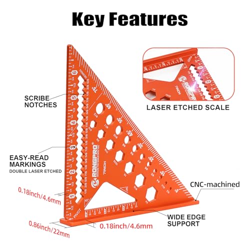 6-in-1 Carpenter Square 7 inch, Aluminum Rafter Square, Multi-Purpose Carpenter Tools : Wrench, Square, Protractor, Ruler,Marking Gauge, Drill Gauge, Includes 2pcs Carpentry Pencil - size: 7inch
