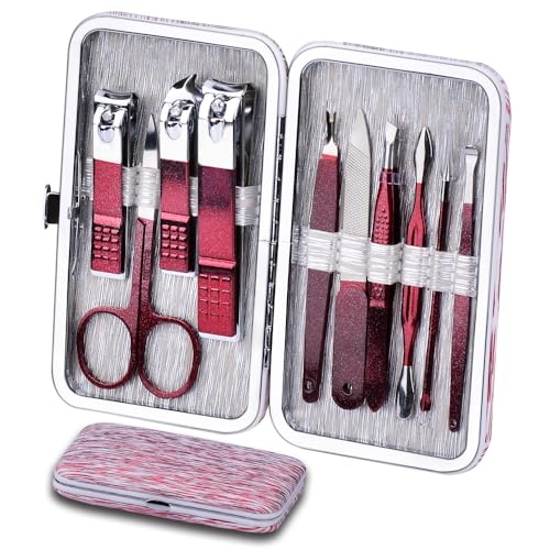 HANTEKAS Manicure Set 10 in 1 Stainless Steel, Nail Clippers Scissors Pedicure Tools Kit - Portable Travel Grooming Kit for Men and Women with Leather Case (Rose Red) - color: Rose Red