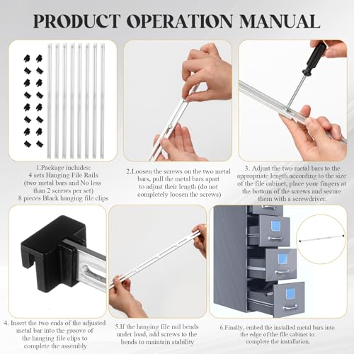 24 Pcs Metal Adjustable File Cabinet Rails Set Include 16 Hanging File Rail Clips 8 Cabinet Dividers Bars Suitable for Cabinets with Drawer Thickness Less Than 1/8 Inch(Silver,10-18.5 Inch) - color: Silver, size: 10-18.5 Inch