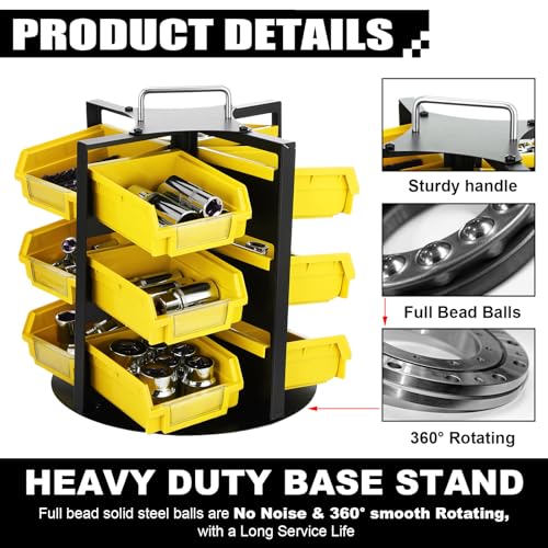 Geelin 12 Bins Rotating Storage Bins Tool Organizer 3 Tiers Hardware Crafts Small Parts, Nuts and Bolts, Revolving Storage for Workshop, Shed, Garage, Home (Yellow)