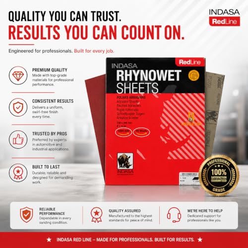 INDASA Rhynowet Red Line Wet Dry Sanding Sheets 9 x 11 Inch 800 Grit Waterproof Latex Backing Abrasive Paper for Wood Metal Automotive Surface Prep Pack of 50 - size: 800-Grit 9"x11"