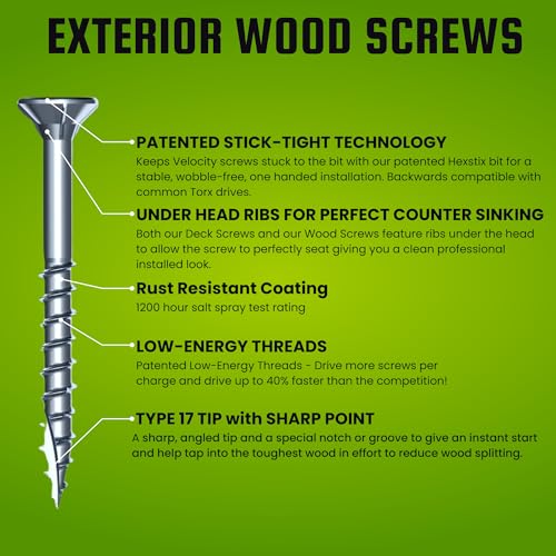 Velocity Long Length Exterior 7 Inch Wood Screws - T25 Torx Bits (Size #12) – Rust Resistant Long Wood Screw Set with Stick Tight Hexstix Driver Bit, (25 Count) - size: #12 x 7" QTY 25