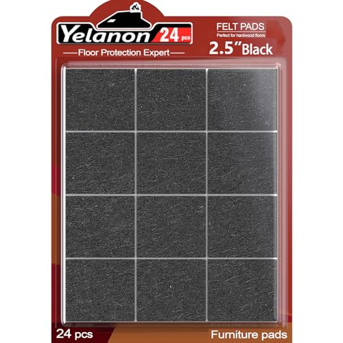 Yelanon Felt Furniture Pads for Hardwood Floors -24 Pcs 2.5" Premium Felt Pads for Chair Legs, Floor Protectors for Furniture Black - size: 24 pcs Black Square