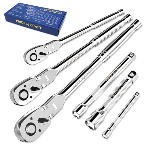 PRIDE&CRAFT 6-Piece Flex Head Ratchet Set, 1/4", 3/8", 1/2" Drive 72-Tooth Swivel Head Ratchet Wrench with Extension Bars, Quick Release Reversible Socket Wrench, EVA Organizer - style: 6pc Flex Head