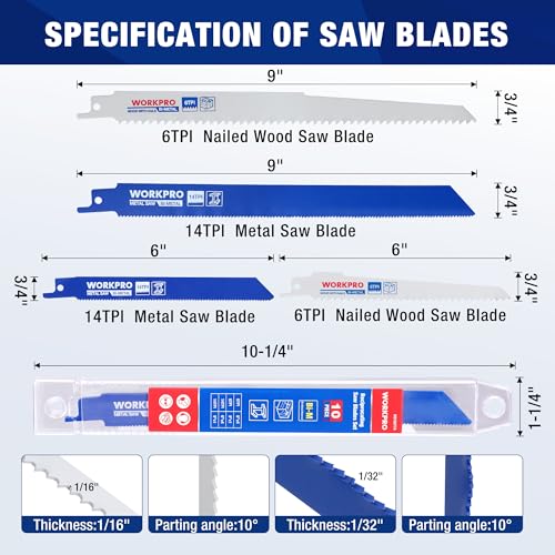 WORKPRO 10-Piece Reciprocating Saw Blade Set, 6" & 9", 6TPI & 14TPI