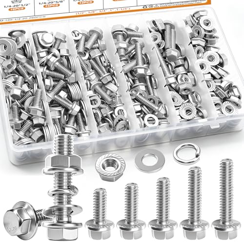 mankk 260PCS Flange Head Bolts Assortment Kit 1/4-20 x (1/2",5/8",3/4",1",1-1/4") 304 Stainless Steel SAE Flange Hexagon Screws and Serrated Flange Nuts Kit - color: Silver-260PCS 1/4-20