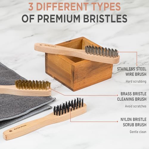 TAKAVU Wire Brush Set, 3 Piece, Stainless Steel, Brass & Nylon Bristles