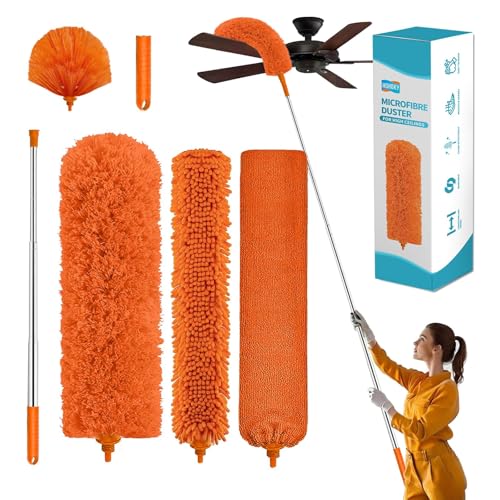 Cobweb Duster with Extension Pole,Cleaner Outdoor 110" Telescoping Extended Sspider Brush, Dusting Kit,Long Handle Reach for High Ceilings and Fans,Microfiber Webster Remover Tools Feather Dusters - color: Orange