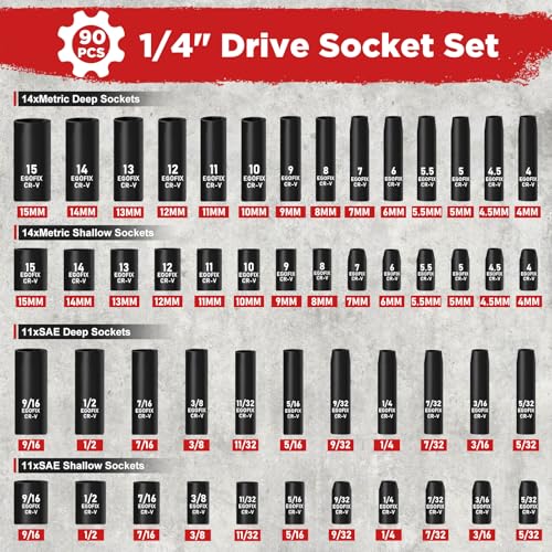 90PCS 1/4" Drive Impact Socket Set Metric 4-15mm and Standard SAE Size (5/32"-9/16"), with 72-Teeth Ratchet, Screwdriver Bit Set, Mechanics Tool Kit for Home Use and Automotive Repair - color: 1/4-90pcs