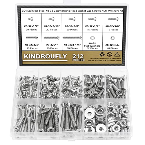 212 Pieces #8-32 x 1/4", 5/16", 3/8", 1/2", 5/8", 3/4", 1", 1-1/4", Countersunk Head Socket Cap Screws Nuts Washers Assortment Kit, 304 Stainless Steel, Fully Machine Thread - size: #8-32, style: Countersunk Head