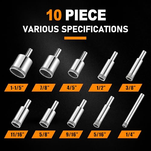 KATA 10PCS Diamond Drill Bit Set for Glass, Tile, Ceramic, Marble, Granite - color: 10 PCS Diamond Hole Saw Kit