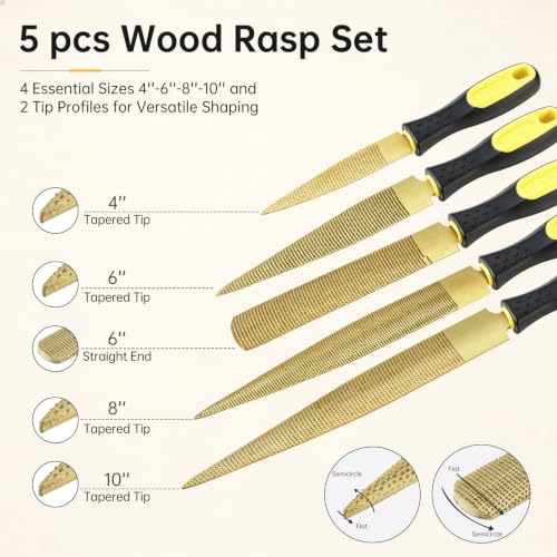 5 PCS High Carbon Steel Golden Wood Rasp, Double Sided Tapered and Half Round Rasp File, 4"-6"-8"-10" for Woodworking/Carving/Sharping with Rubber Handle
