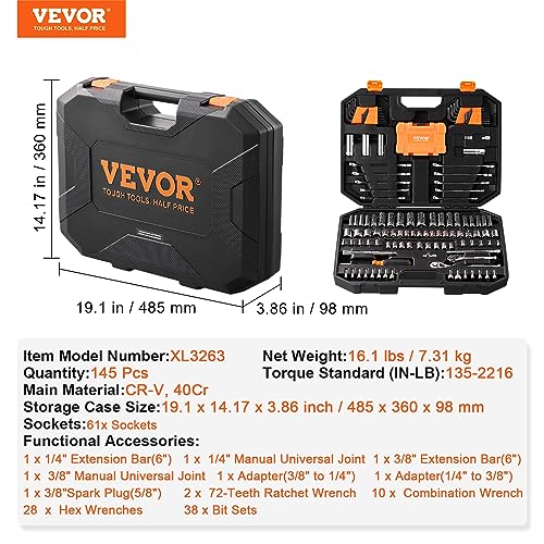 VEVOR Mechanics Tool Set and Socket Set, 1/4" and 3/8" Drive Deep and Standard Sockets, 145 Pcs SAE and Metric Mechanic Tool Kit with Bits, Combination Wrench, Hex Wrenches, Accessories, Storage Case - size: 145-PCS