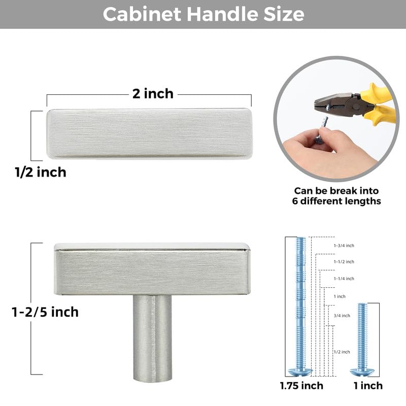 3 Pack Brushed Nickel Cabinet Knobs, 2in Length T-Square Bar Drawer Pulls | Single Hole Grip, Stainless Steel Build, Kitchen Cabinet Restyle, For Drawers, Dressers, Cupboards, Closet Doors - color: Brushed Nickel, size: 3 Pack, style: Sqaure Bar