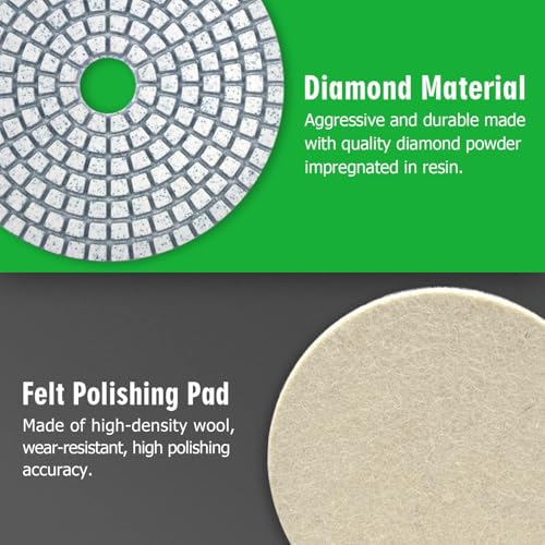5 Inch Diamond Polishing Pads with 5/8’’-11 Hook & Loop Backing Pads, 10pcs Wet/Dry Concrete Polish Tools Kit for Drill, Grinder, Polisher, 50-3000 Grit Polishing Set for Marble Granite Quartz Stone - size: 5 Inch 50-3000 Grit