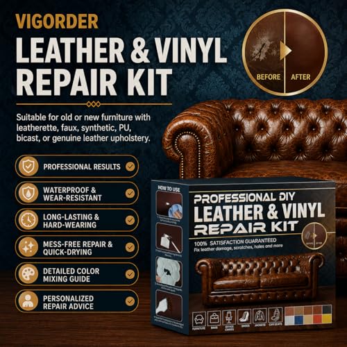 Vigorder Leather Repair Kit for Furniture, Vinyl Repair Kit for Car Interior, Sofa, Purse and Jacket, Restore Any Material with Super Easy Instructions to Fix Scratches, Tears, Holes, Peeling