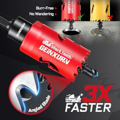Geinxurn 7PCS Hole Saw Kit 7/8'' to 2-1/8'' (22mm-54mm) with Hole Saw Mandrel and Hex Wrench,HSS Bi-Metal Hole Cutter with Shark Tooth for Wood,Drywall, PVC Boards and Thin Metal - color: 7PCS 7/8“-2-1/8” Hole Saw Set with Mandrel