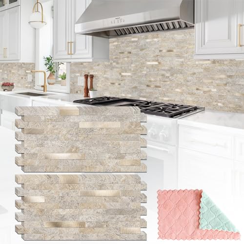 StyloVue 20 Sheets Peel and Stick Backsplash, Dark Beige with Metal Gold Look PVC Wall Tiles Upgrade Your Kitchen Backsplash, RV, Fireplace - color: Dark Beige With Metal Gold