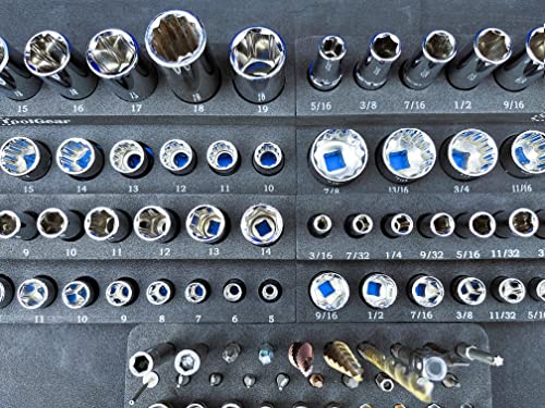 ToolGear Socket & Bit Organizer for Tool Box Drawer – Holds 80 Sockets + 50 Hex Screwdriver Bits, 1/4" & 3/8" Drive, Metric & SAE, Deep & Standard, Easy-Read Size Labels – Garage & Shop Storage Tray