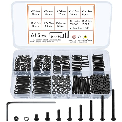 615 Pcs M2 Screw Assortment, M2 Bolts and Nuts Kit, Hex Socket Button Head Cap Screws and Nuts and Washers Set, Metric Machine Screw Assortment Kit, Small Black Assorted Screws Nuts - size: M2