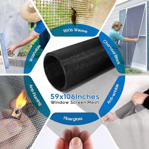 King&Charles Window Screen Replacement, 6in1 Window Screen Door Repair Kit - color: Black, size: 59"×106"