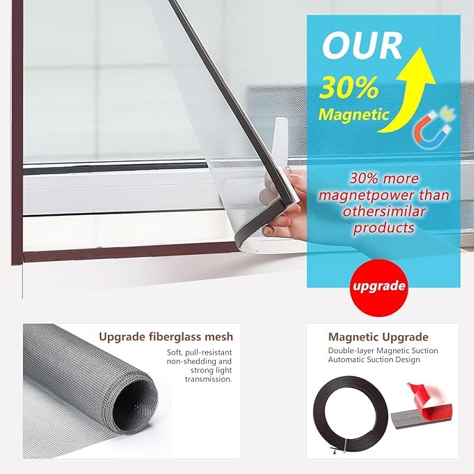 Magnetic Window Screen, Max 59 x 51 Inch DIY Cut-to-Fit Fiberglass Mesh Replacement Kit for House Windows, Strong Magnetic Seal, No-Drill Installation, White Frame with Gray Mesh - size: 59"x51"(150x130cm)