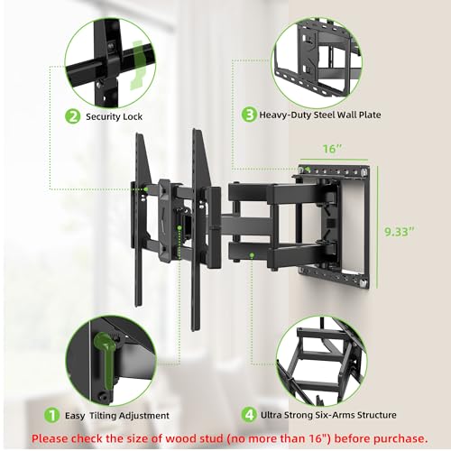 USX Mount Full Motion TV Wall Mount for Most 42-90 inch Flat Screen/LED/4K, TV Mount Bracket Dual Swivel Articulating Tilt 6 Arms, Max 16" Wood Studs, VESA 600x400mm, Holds up to 132lbs - size: For 42" to 90" TVs