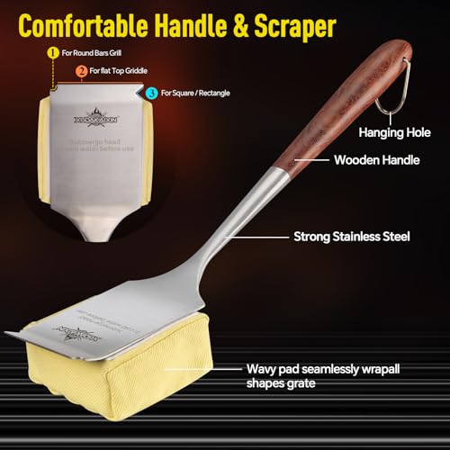 Bristle-Free Steam Cleaning Grill Brush — Features an Extended Luxurious Rosewood Handle and a Unique Wavy pad that Seamlessly fits cast Iron and Stainless Steel grates - color: Aramid Fiber Steam Grill Brush