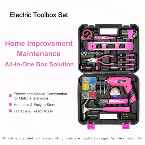 Pink Toolbox Essentials for Women Girls Starter DIY Drilling Kit with Cordless Power Tools, Electric Drill, Hammer, Screwdriver Sets, Mini Hand Tools, and Combo Bits for Home Repair Household Gift
