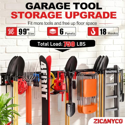 Garage Tool Organizer Wall Mount 99 inches with 18 Adjustable Heavy-Duty Hooks, Garage Organization, Garden Tool Storage Rack, Yard, and Shed, Holds Up to 750 lbs - size: 99" | 6 Panels + 18 Hooks
