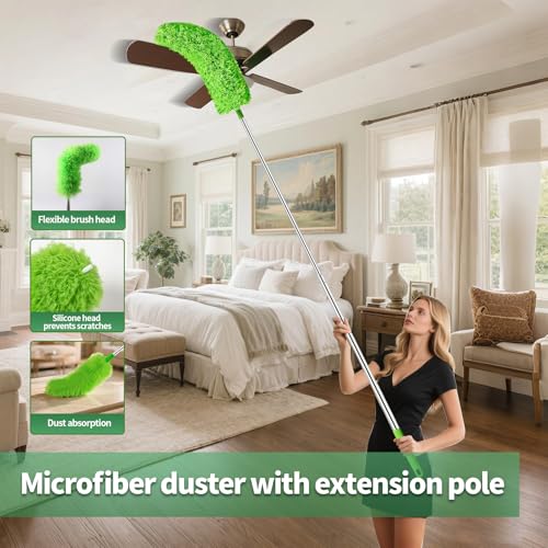 dusters for Cleaning extendable Long Handle，Webster Cobweb Duster with Extension Pole，Spider Web Remover Brush with Pole，Outdoor Web Cleaner Outside for use on Ceilings, cabinets, Walls, Light - color: Green